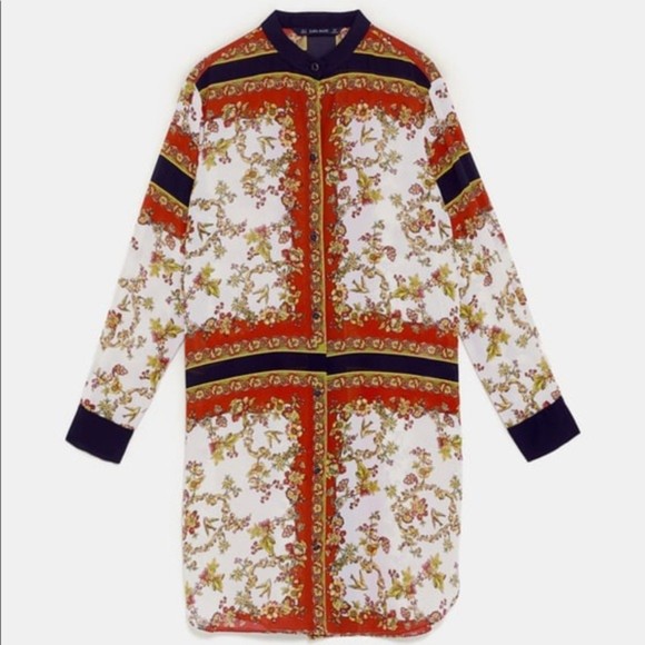 ZARA | Floral Scarf Button Down Shirt Dress Sheer Tunic Size: Small - Picture 5 of 9